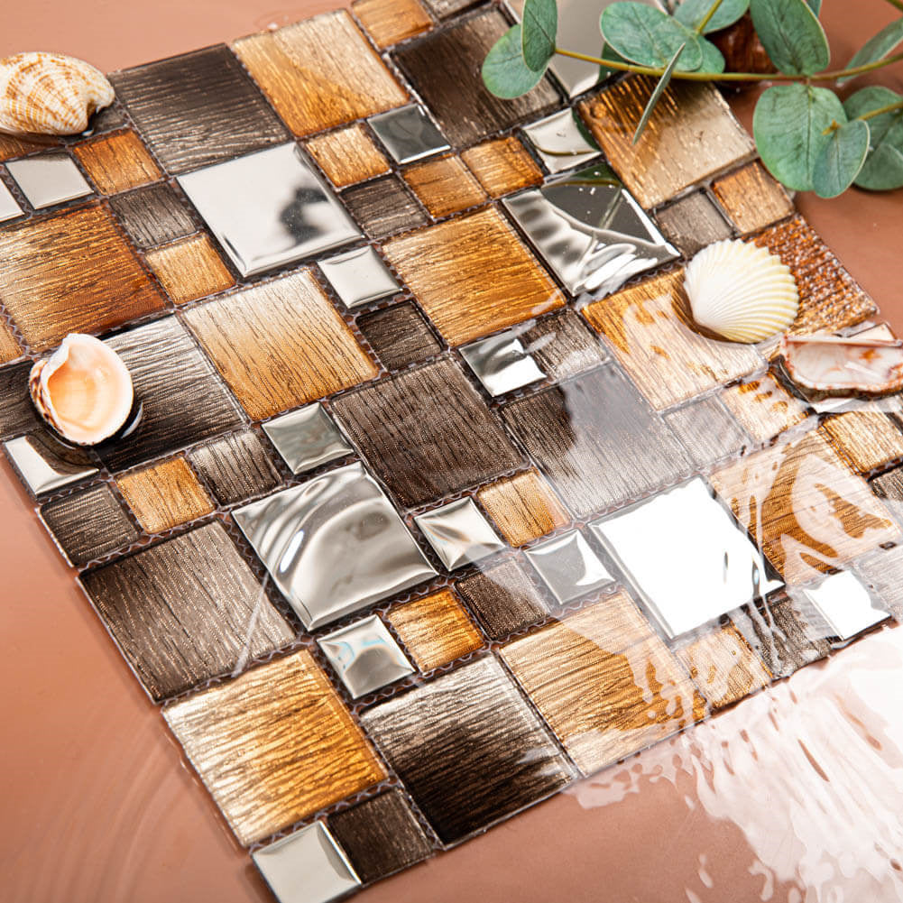 Glass Mosaic Tile Backsplash 11.7 x 11.7 Inch Brown Square(5 Pcs/Box, 4.75 sq.ft.)